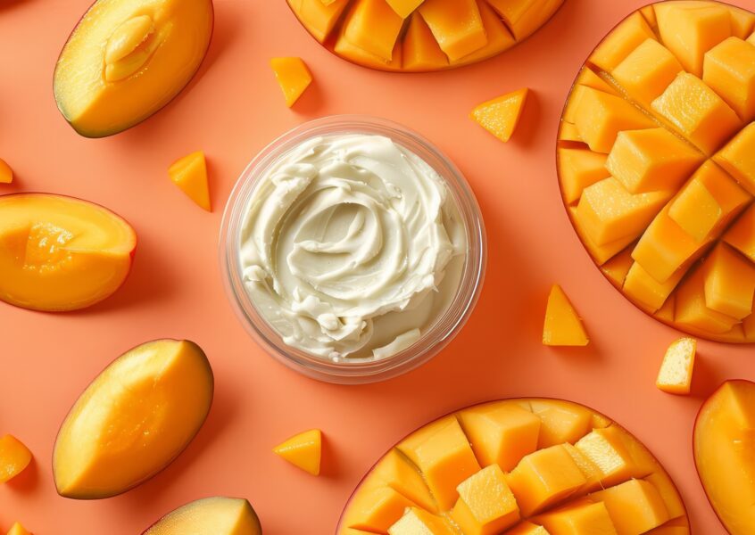 Mango body butter on an orange background with mango slices