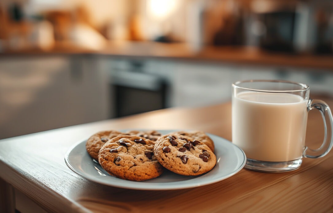 cookies and glass of milk on table in minimalist modern kitchen