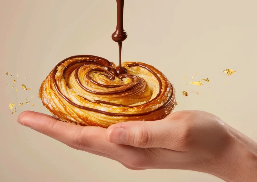 delicious palmier pastry with chocolate drizzle and golden flakes in a woman's hand